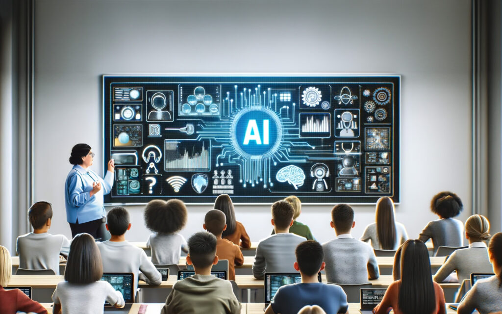 A teacher in front of a classroom of students highlighting AI.