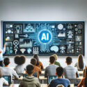 A teacher in front of a classroom of students highlighting AI.