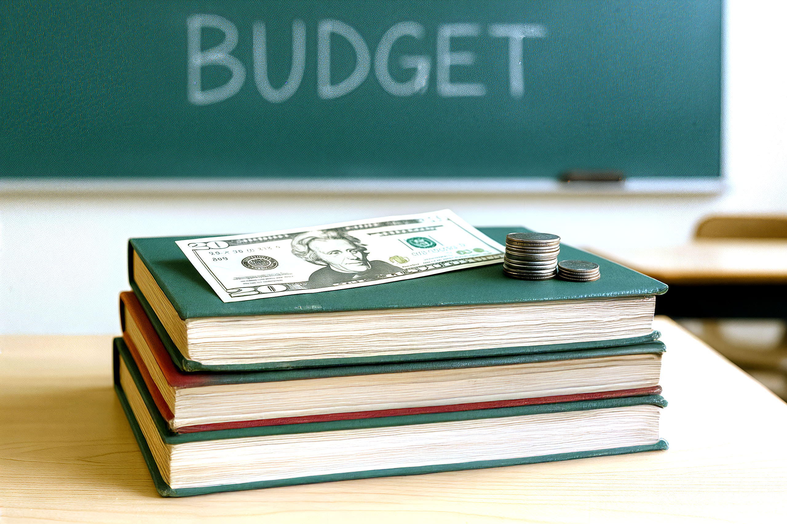 A stack of school books with money laid on top.