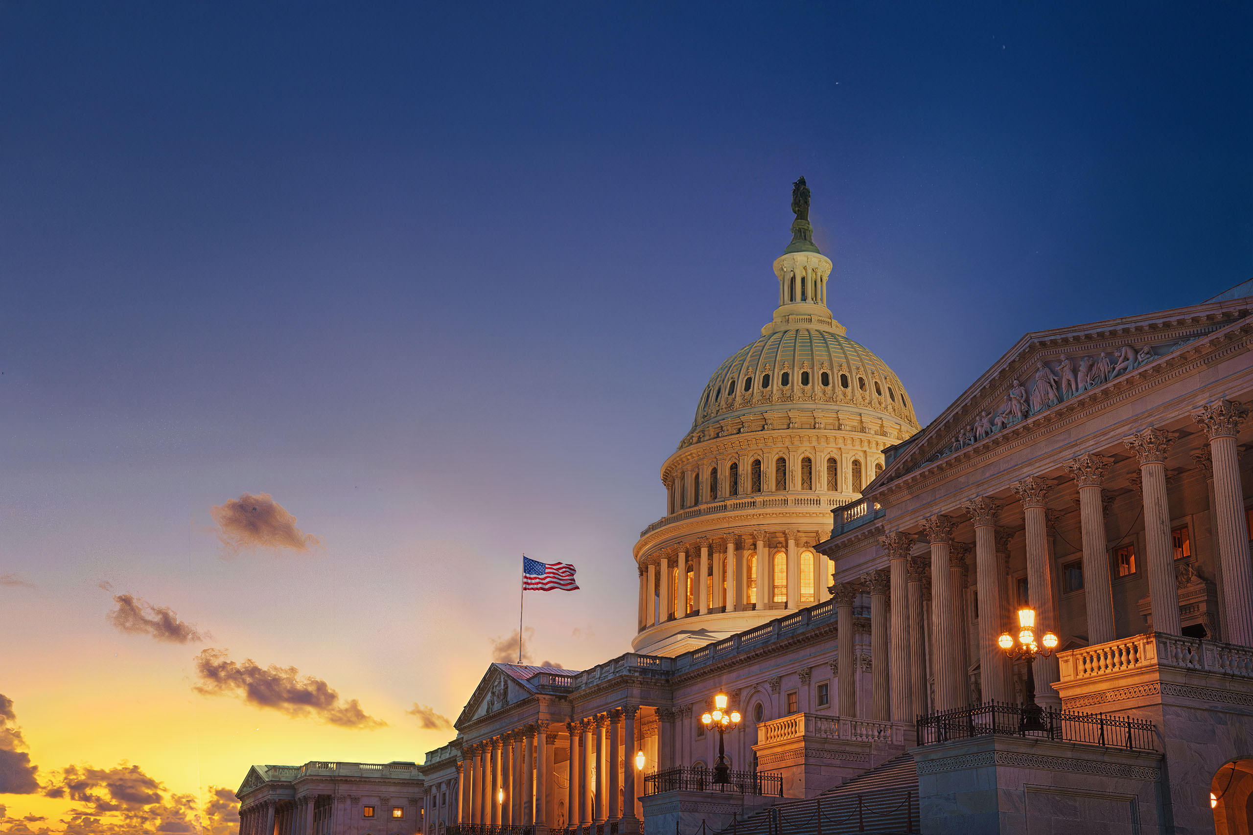 United States Capitol during a sunset
