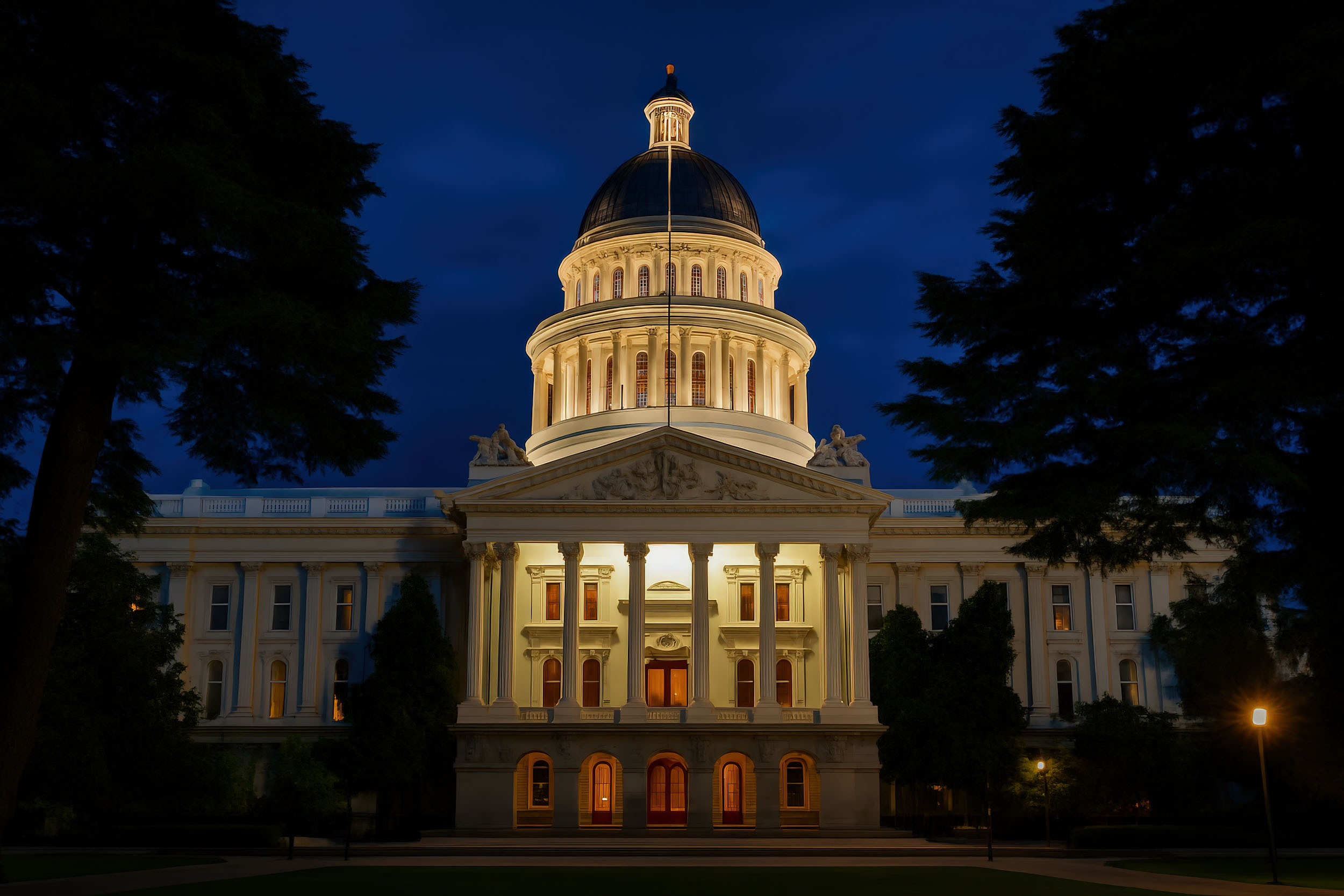 Nighttime view of the illuminated California State Capitol building in Sacramento, framed by trees under a deep blue sky.