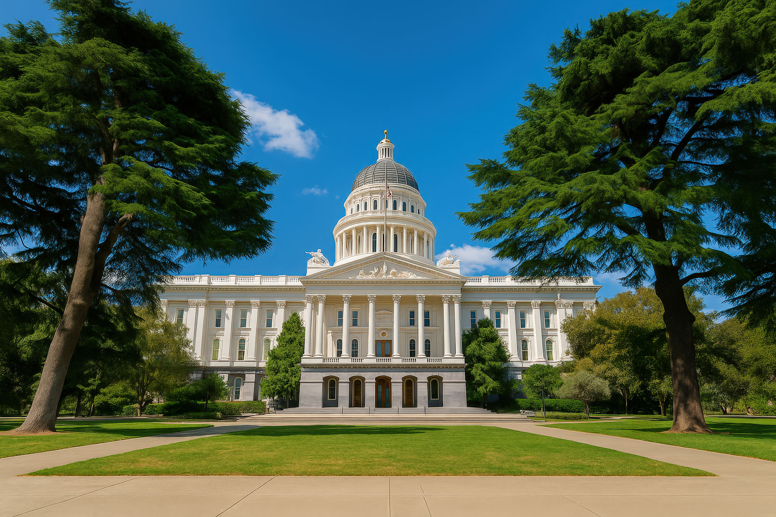 A view of the California State Capitol building in Sacramento, framed by lush green trees and a bright blue sky.