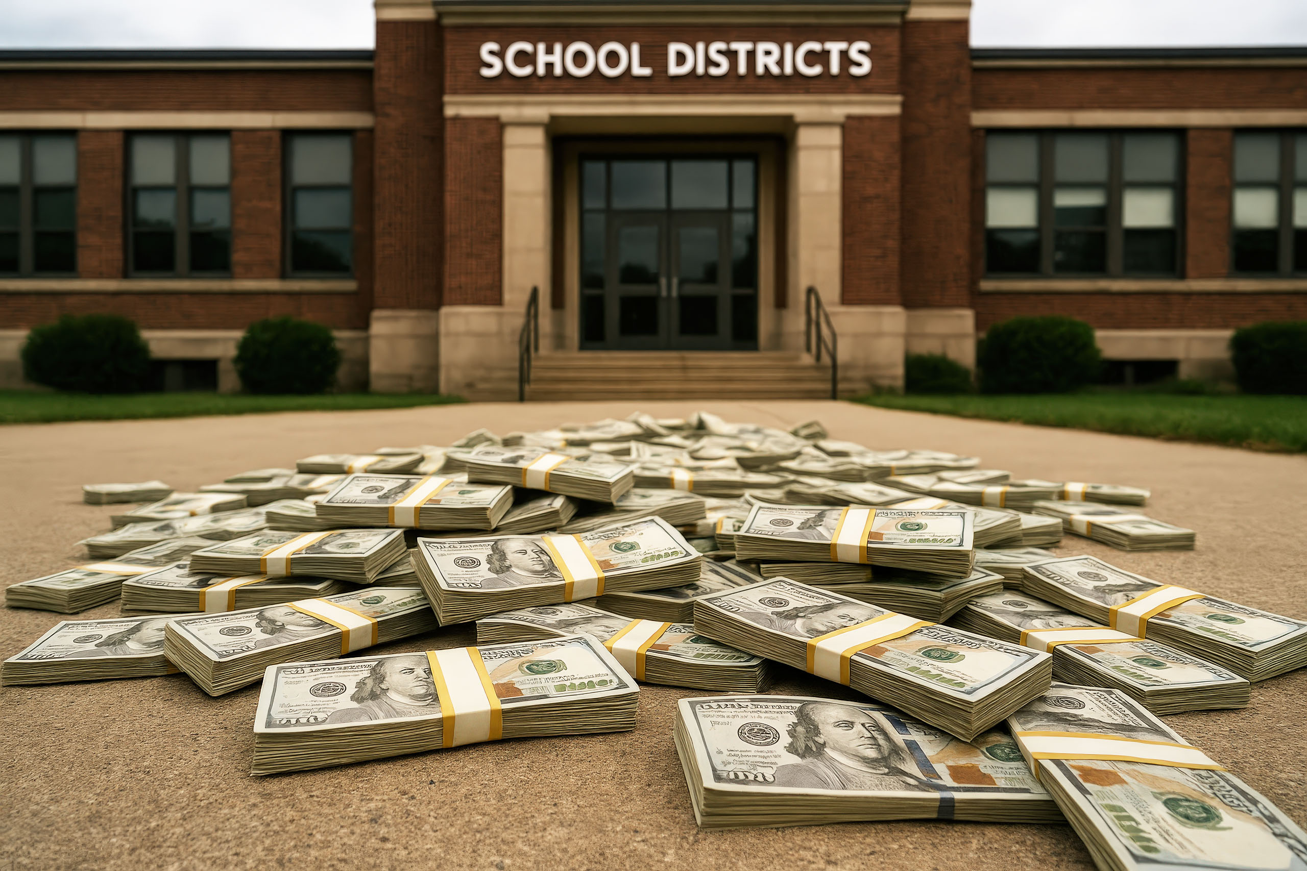 Stacks of U.S. hundred-dollar bills scattered on the pavement in front of a red brick school district building under an overcast sky.