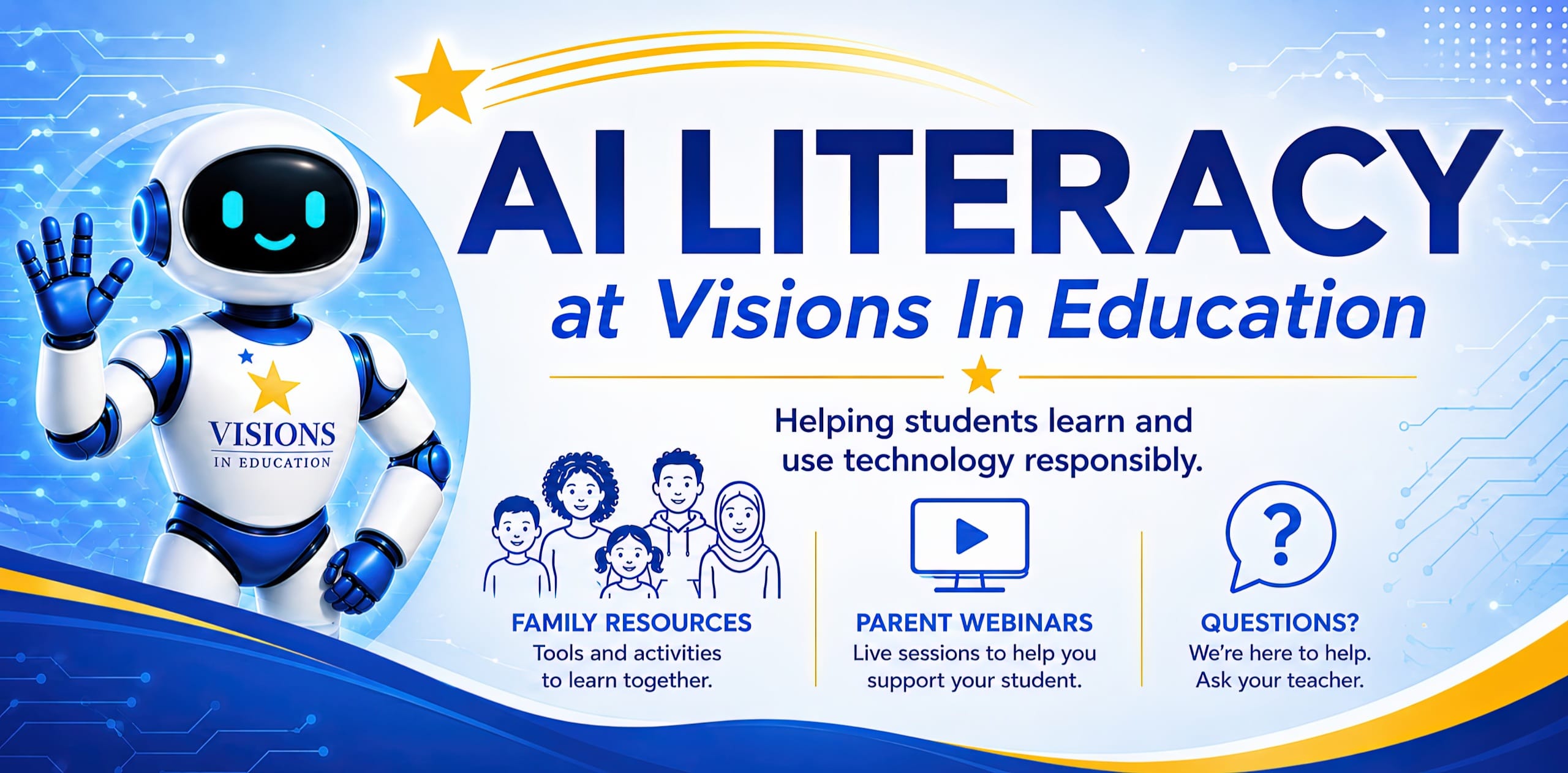 AI Literacy at Visions In Education, featuring family resources, parent webinars, and support for helping students use technology responsibly.