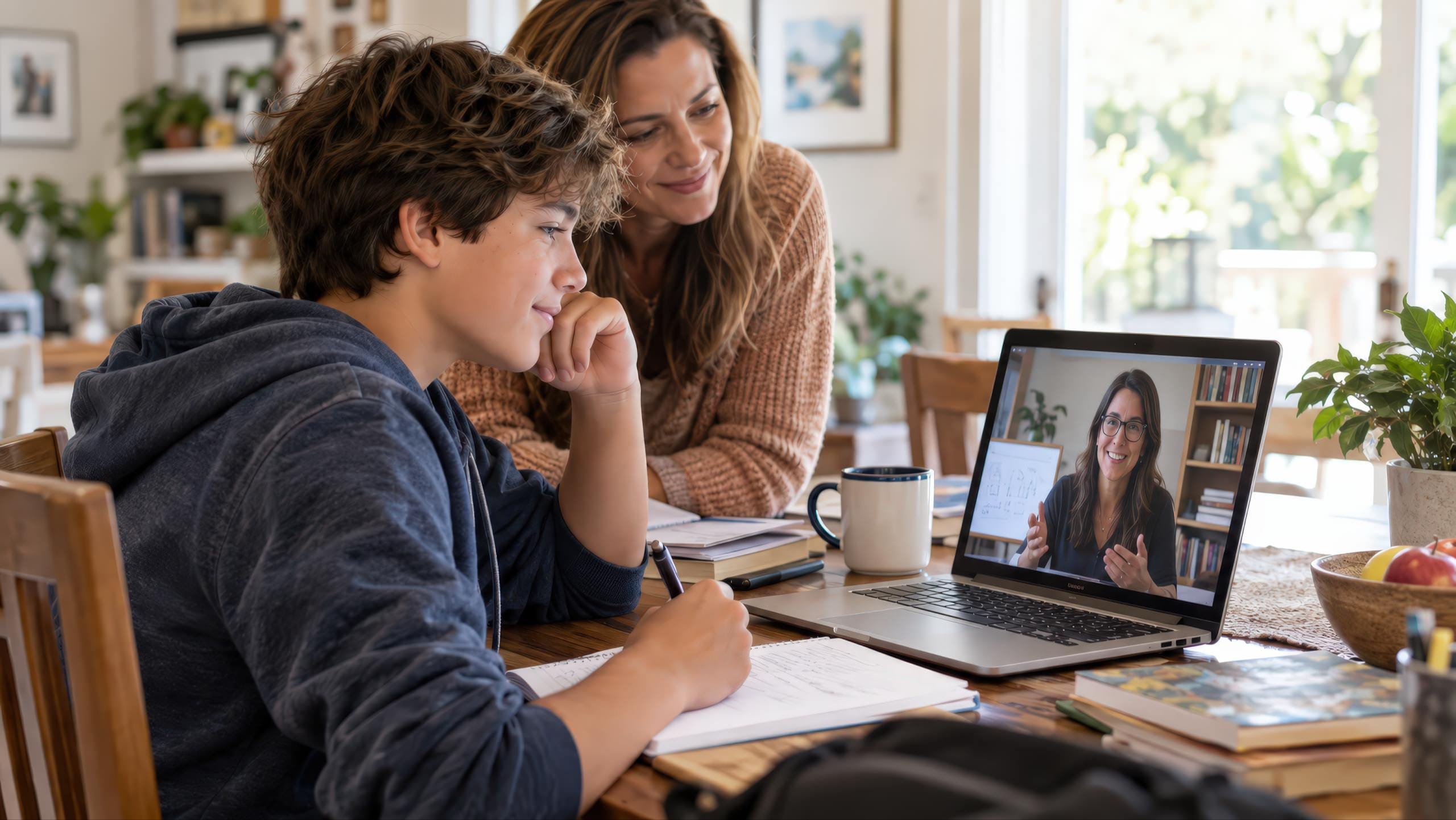 Teen student in an independent study setting at home, working on a laptop with a parent nearby and a teacher on a video call, with the title “Independent Study and AI: Are You Ready to Lead?”