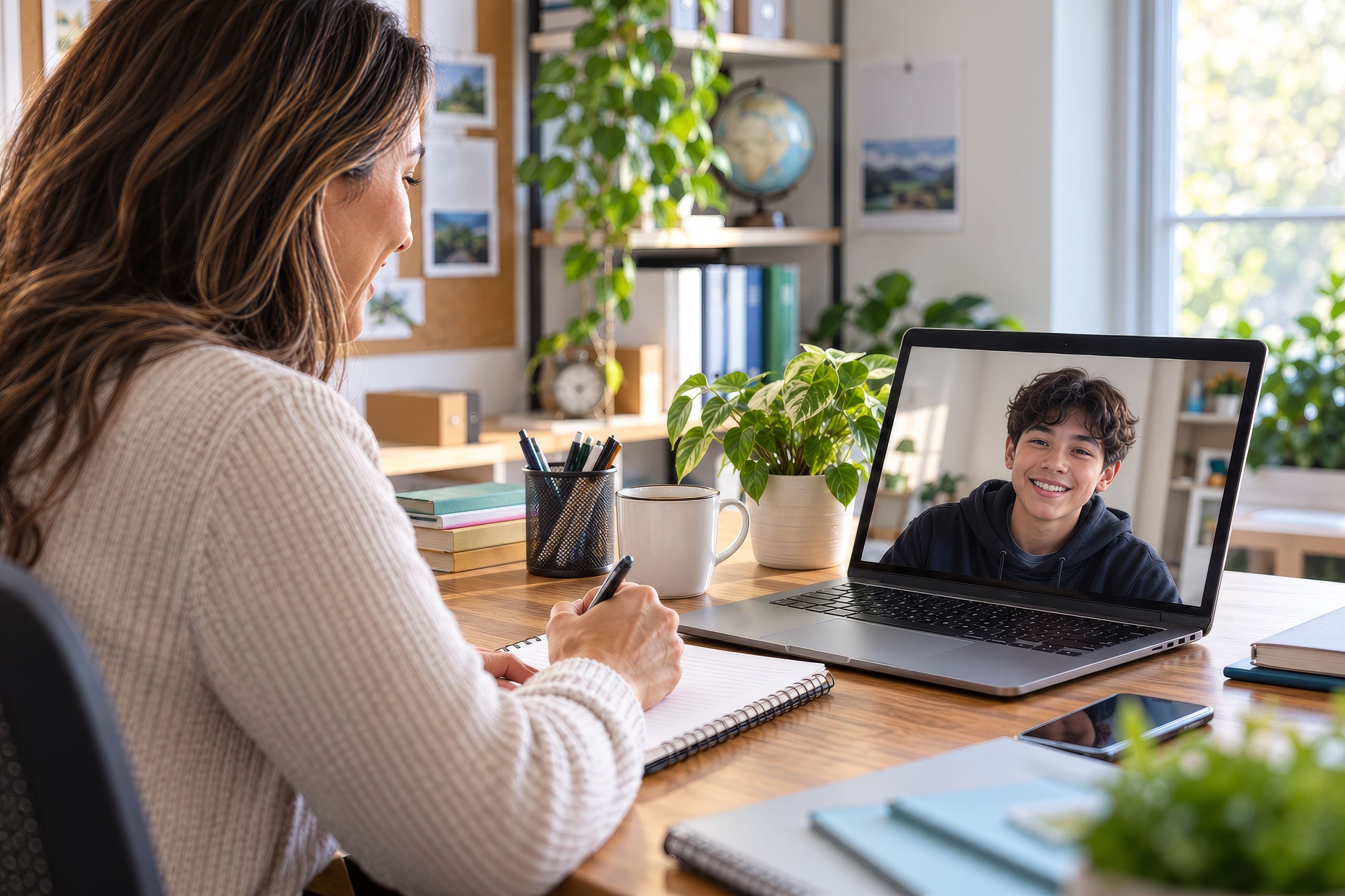 Independent Study teacher taking notes while meeting with a student by video conference.